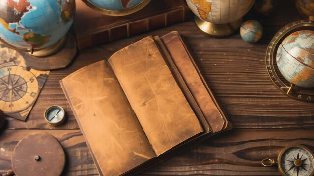 On a wooden table, vintage globes and old leather-bound books, accompanied by navigational tools such as a compass and telescope. Evokes a sense of longing for exploration and adventure. 