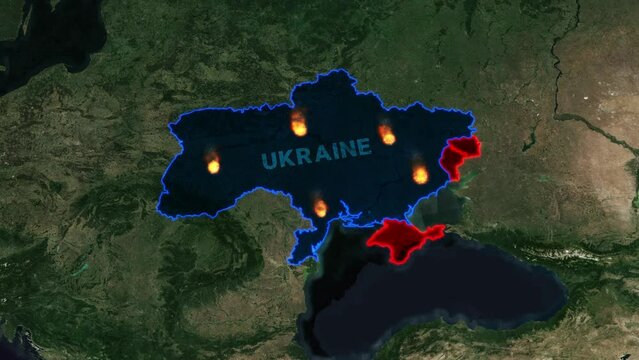 Map of shelling of Ukrainian territory. Ukraine map with occupied territories by Russia - Donbas and Crimea