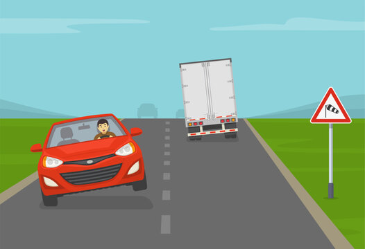 Safe driving tips and traffic regulation rules. Crosswinds ahead sign area. Cars are about to roll over on a windy road. Flat vector illustration template.