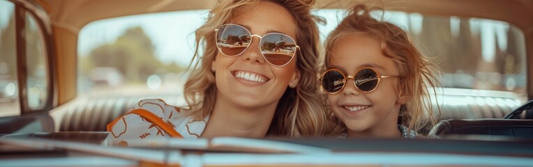 fashionable mother with daughter family is sitting in the trunk girl in a black t shirt