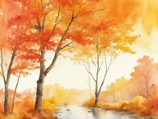 Fotobehang Free image of an abstract, watercolor-painted landscape with autumn leaves produced by artificial intelligence. © REZAUL4513