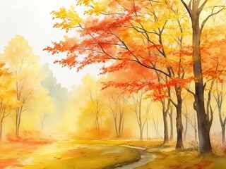 Free image of an abstract, watercolor-painted landscape with autumn leaves produced by artificial intelligence.