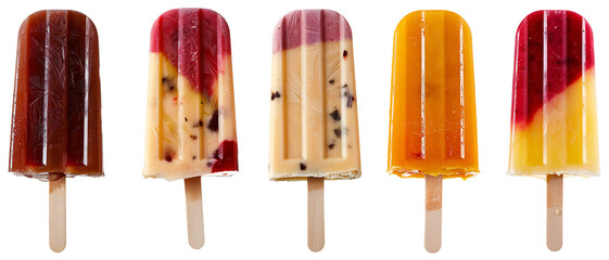 Many assorted popsicles isolated on white or transparent background.	