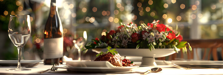 Christmas wedding dinner table setting,christmas dinner holiday background with blurred
 - obrazy, fototapety, plakaty