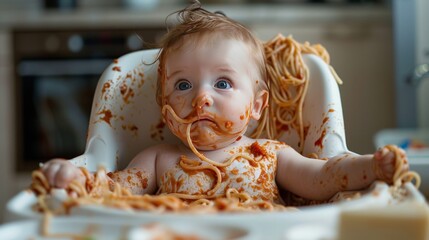 Baby eating spagetti, making huge mess all around