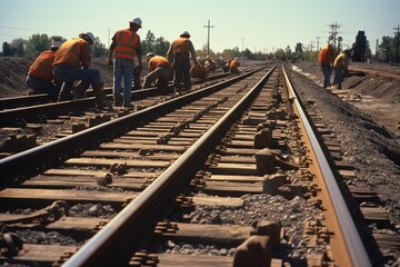Track Ballasting: Workers spreading ballast around the tracks.