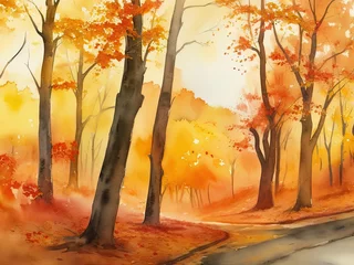 Foto op Plexiglas Free image of an abstract, watercolor-painted landscape with autumn leaves produced by artificial intelligence. © REZAUL4513