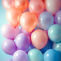 A joyful collection of pastel-colored balloons floating against a soft blue backdrop, evoking a festive and cheerful mood.