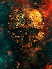 An intricate golden skull emerges from a splash of vibrant colors, blending dark mystery with ornamental artistry.