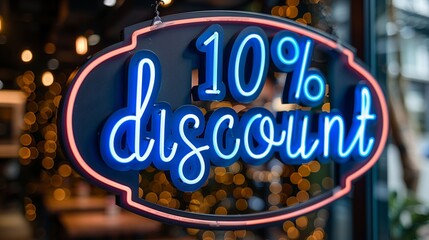 Electric blue neon sign with 10 discount logo in window at midnight