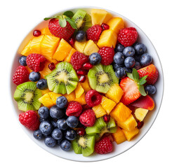 Assorted fresh fruit salad with berries in white bowl isolated on transparent background