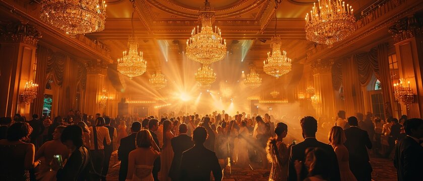 A large group of people are dancing in a ballroom with chandeliers and lights