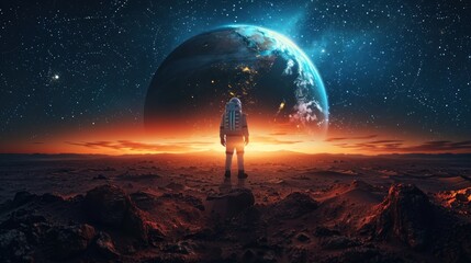 A man in a spacesuit stands on a rocky planet in front of a large planet - obrazy, fototapety, plakaty