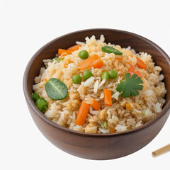 Fried rice in the wood bowl, cut out on white background