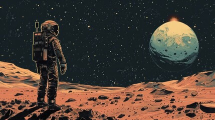 Obraz premium A man in a spacesuit stands on a rocky surface looking up at a large planet