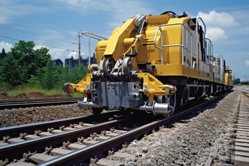 Obraz premium Track Ballast Tamping: Precision shot of track ballast tamping machine in action.