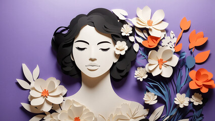 A paper cut of a woman's face with flowers in her hair

