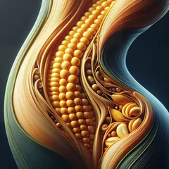 Fotobehang Ripe Ear of Corn with Vibrant Yellow Kernels, Highlighted by Dark Background and Silky Tassels © pajus