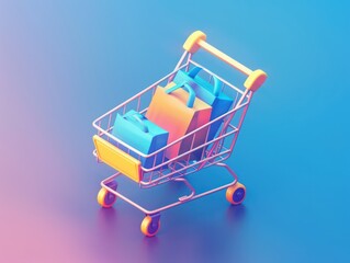 Vibrant neon shopping cart on blue backdrop