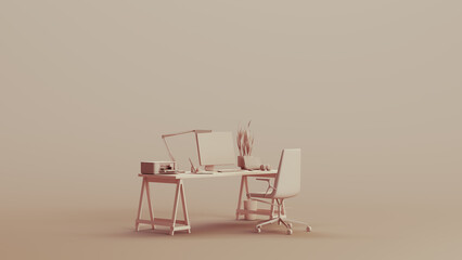 Office home studio space desk chair remote working neutral backgrounds soft tones beige brown 3d illustration render digital rendering	 - 789911943