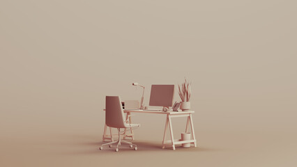 Office home studio space desk chair remote working neutral backgrounds soft tones beige brown 3d illustration render digital rendering	