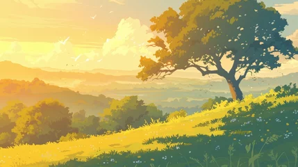 Tuinposter Illustration of a serene natural landscape with verdant hills trees and a picturesque sunrise on the horizon captured in a stunning 2d art depiction © AkuAku
