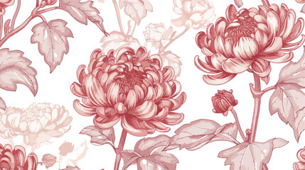 Japanese chrysanthemum hand drawn seamless pattern wi - obrazy, fototapety, plakaty