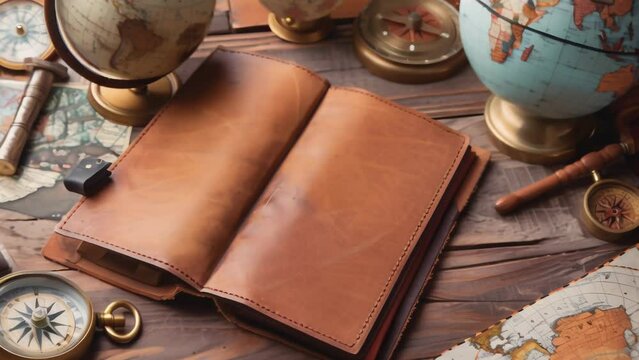 On a wooden table, vintage globes and old leather-bound books, accompanied by navigational tools such as a compass and telescope. Evokes a sense of longing for exploration and adventure. 