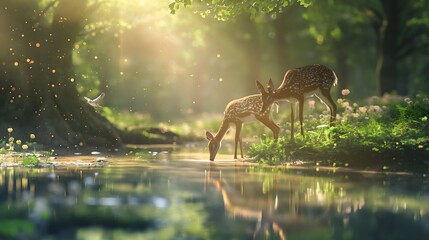 [Generative AI]a small family of deer in the forest