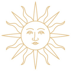 Png celestial sun with face golden antique linear style