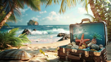 An inviting vacation travel time banner showcasing an open suitcase bursting with vacation essentials and tropical treasures, with sandy shores and palm trees travel agencies adventure bloggers