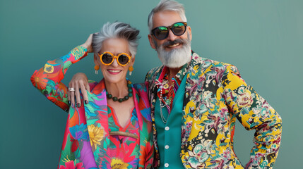 copy space, stockphoto, high resolution, senior Caucasian couple in vivid extravagant outfits and glasses with gray hair, professional photo shoot. elderly couple, man and woman,extravagant vibrant co