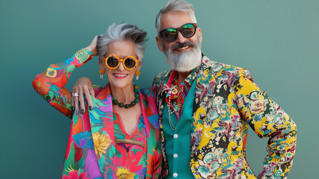 copy space, stockphoto, high resolution, senior Caucasian couple in vivid extravagant outfits and glasses with gray hair, professional photo shoot. elderly couple, man and woman,extravagant vibrant co