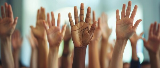 A collection of raised hands symbolizing accomplishment