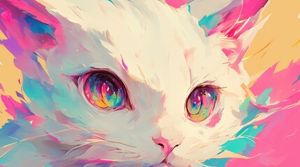 A vibrant illustration of a white cat with adorable pink ears - obrazy, fototapety, plakaty
