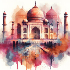Vibrant alcohol ink wash painting ofTaj Mahal in Agra, Uttar Pradesh, India. double exposure contemporary style minimalist artwork collage illustration, abstract, colourful, bright
