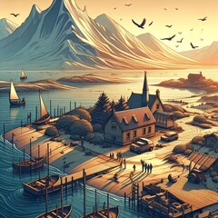 Serene coastal village at sunset with mountains, birds, and tranquil life illustration