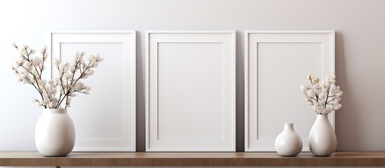 Three vases and two frames on a shelf