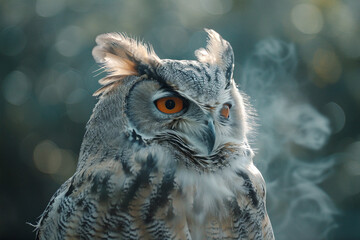 A wise and contemplative owl with its feathers ruffled by the wind.