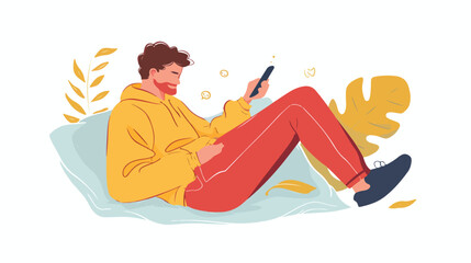 Man relaxing with mobile phone in hands lying legs cr