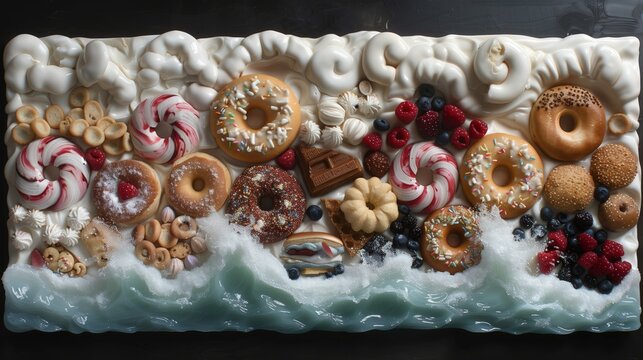Art display featuring donuts, marshmallows, and berries on a table