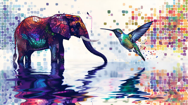 An elephant painted with multicolored paint on black background  an elephant with tusks standing in front of colorful paint splattered on it's face and trunk, in front of a black Generative Ai