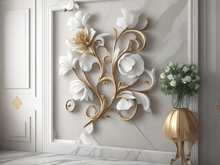 3D panel wall art, wall décor, floral motifs on a marble backdrop.