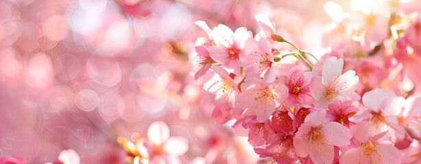 Pink flowers on cherry tree branch in spring morning in the rays of sunlight closeup on a soft blurred on pastel background