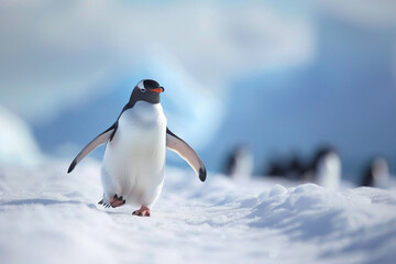 Adorable penguin waddling across a snowy Antarctic landscape.