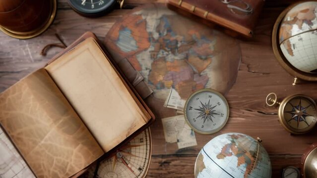 On a wooden table, vintage globes and old leather-bound books, accompanied by navigational tools such as a compass and telescope. Evokes a sense of longing for exploration and adventure. 