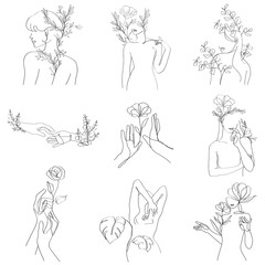 Feminine png woman and flowers minimal line art black illustration collection
