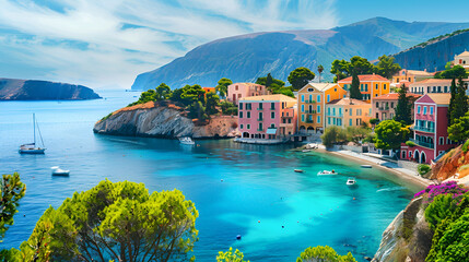 Panoramic view of the Amalfi Coast in Italy with colorful cliffside villages Scenic View of Old Cliffside Buildings in Positano, Amalfi Coast, Italy, Generative Ai - obrazy, fototapety, plakaty
