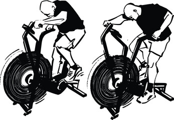 vector sketch of the strong fit man doing an assault bike exercise - obrazy, fototapety, plakaty