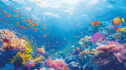 Underwater Blue Water Tropical Reef world Coral underwater sea fish. Colourful tropical coral reef. Scene reef.  Marine life sea world. Underwater fish reef marine. Generative Ai